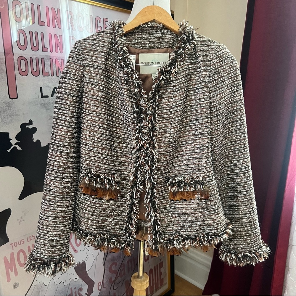 Boston Proper Brown Metallic Copper White Tweed Feather Lined Blazer  Size 6
